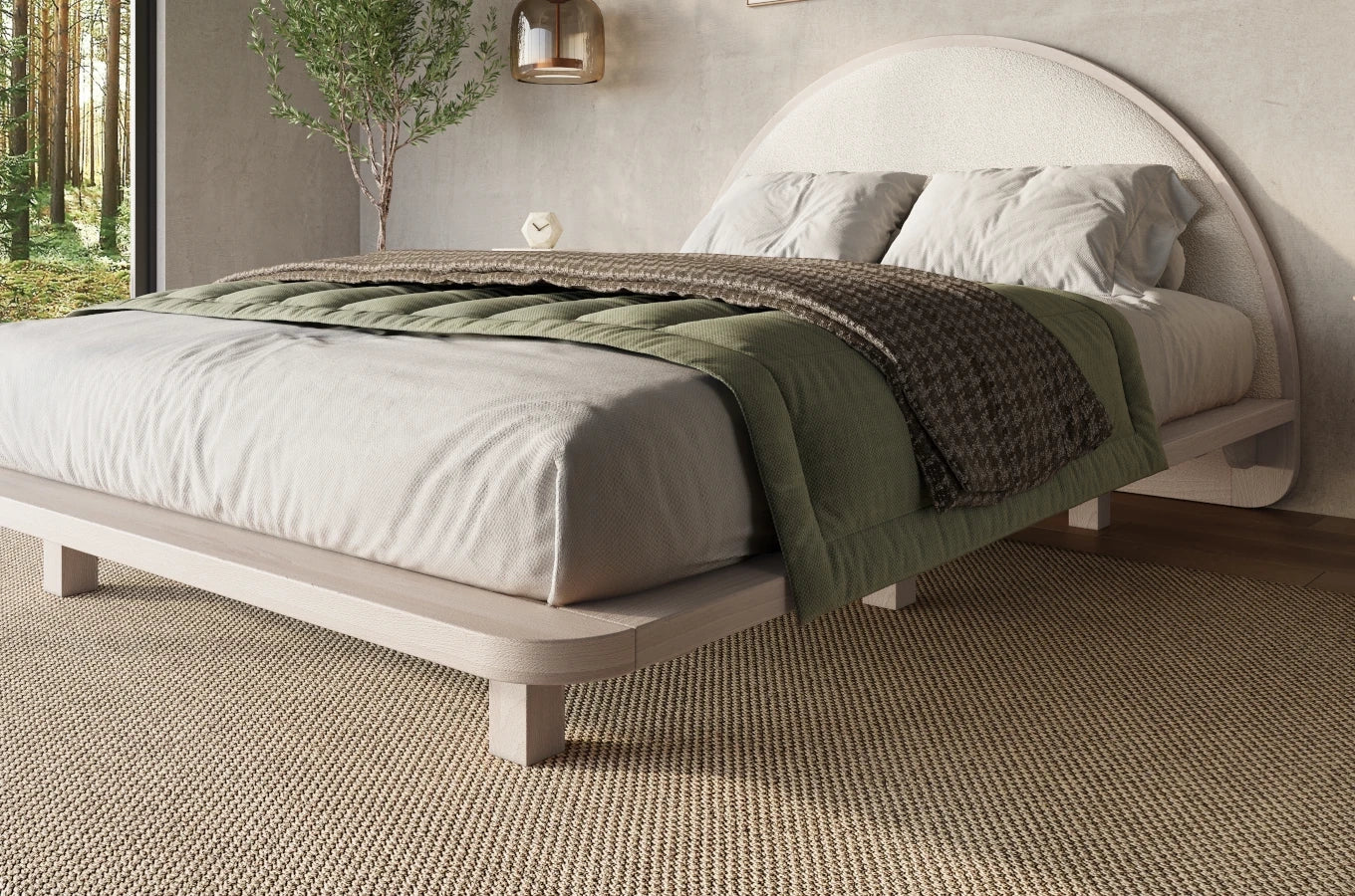 MOMOKO Beech Floating Bed with Bouclé Headboard