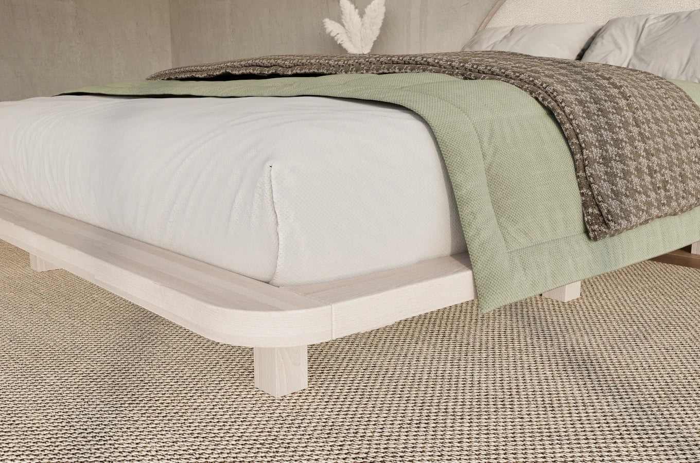 MOMOKO Beech Floating Bed with Bouclé Headboard