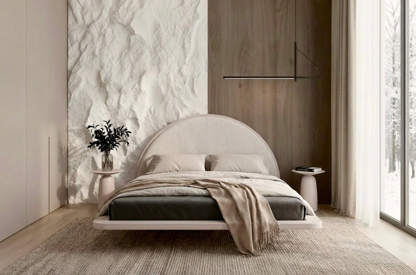 MOMOKO Beech Floating Bed with Bouclé Headboard