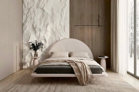 MOMOKO Beech Floating Bed with Bouclé Headboard