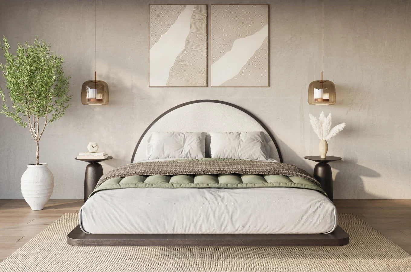 MOMOKO Beech Floating Bed with Bouclé Headboard