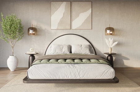 MOMOKO Beech Floating Bed with Bouclé Headboard