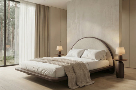 MOMOKO Beech Floating Bed with Bouclé Headboard