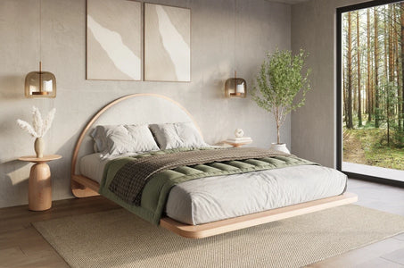 MOMOKO Beech Floating Bed with Bouclé Headboard