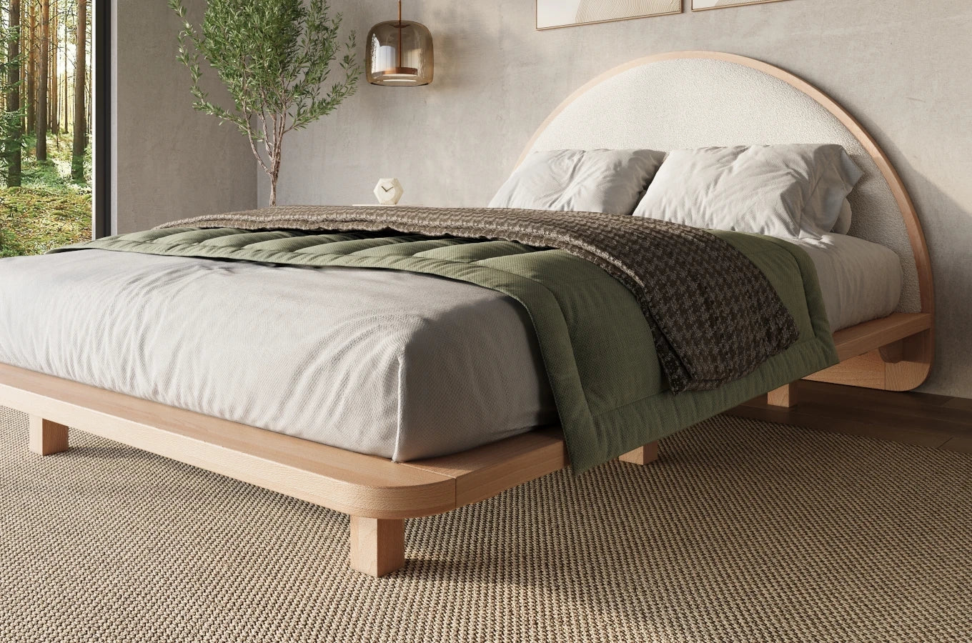 MOMOKO Beech Floating Bed with Bouclé Headboard