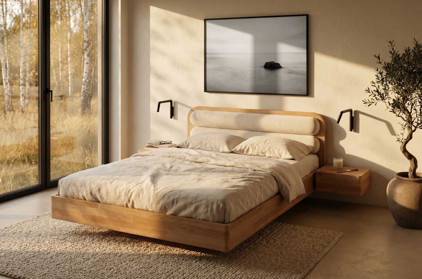 PONZA Beech Floating Bed with Bouclé Headboard