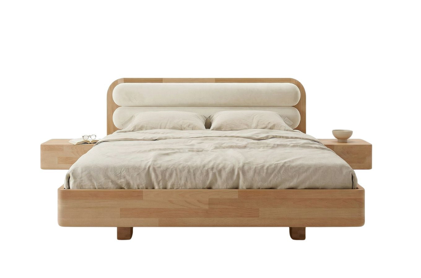 PONZA Beech Floating Bed with Bouclé Headboard