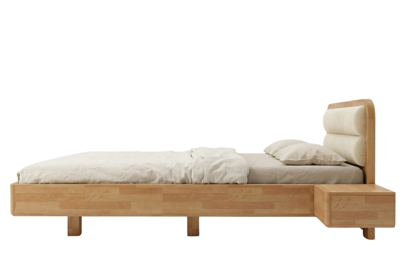 PONZA Beech Floating Bed with Bouclé Headboard