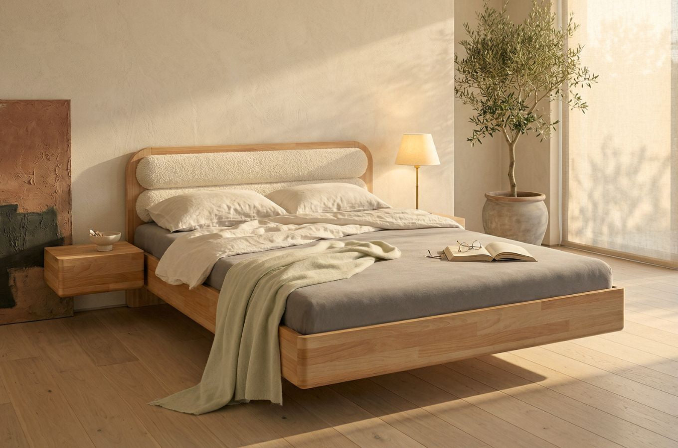 PONZA Beech Floating Bed with Bouclé Headboard