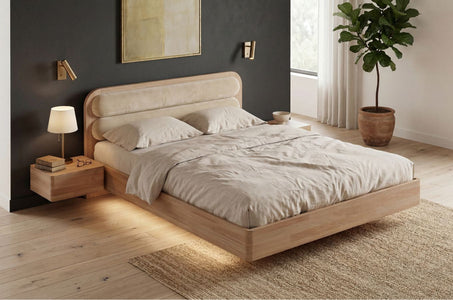 PONZA Beech Floating Bed with Bouclé Headboard