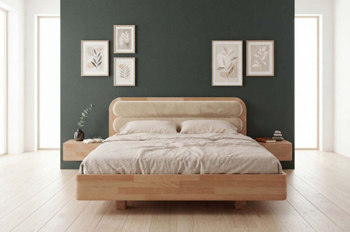 PONZA Beech Floating Bed with Bouclé Headboard