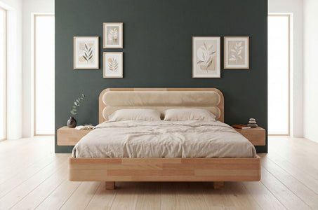 PONZA Beech Floating Bed with Bouclé Headboard