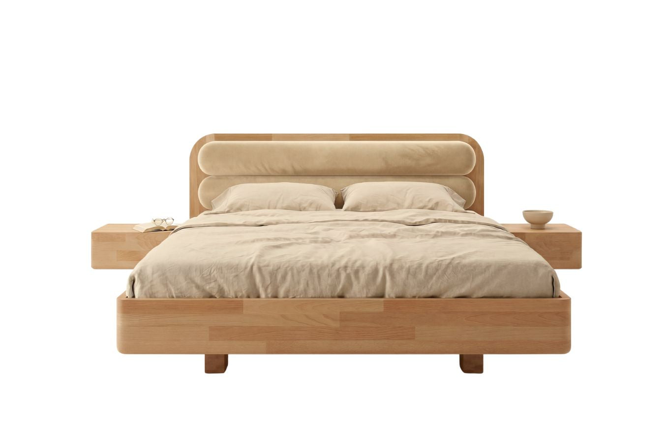 PONZA Beech Floating Bed with Bouclé Headboard