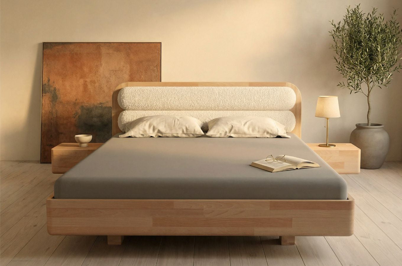 PONZA Beech Floating Bed with Bouclé Headboard