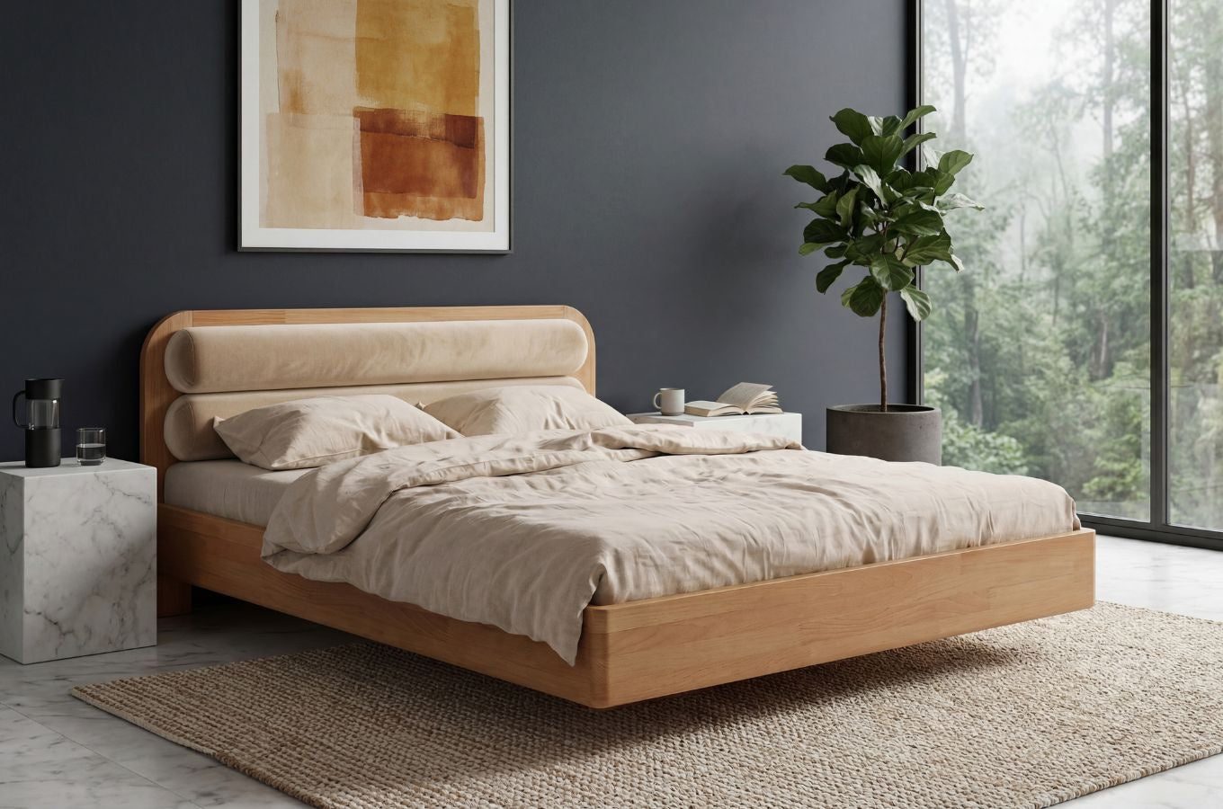 PONZA Beech Floating Bed with Bouclé Headboard