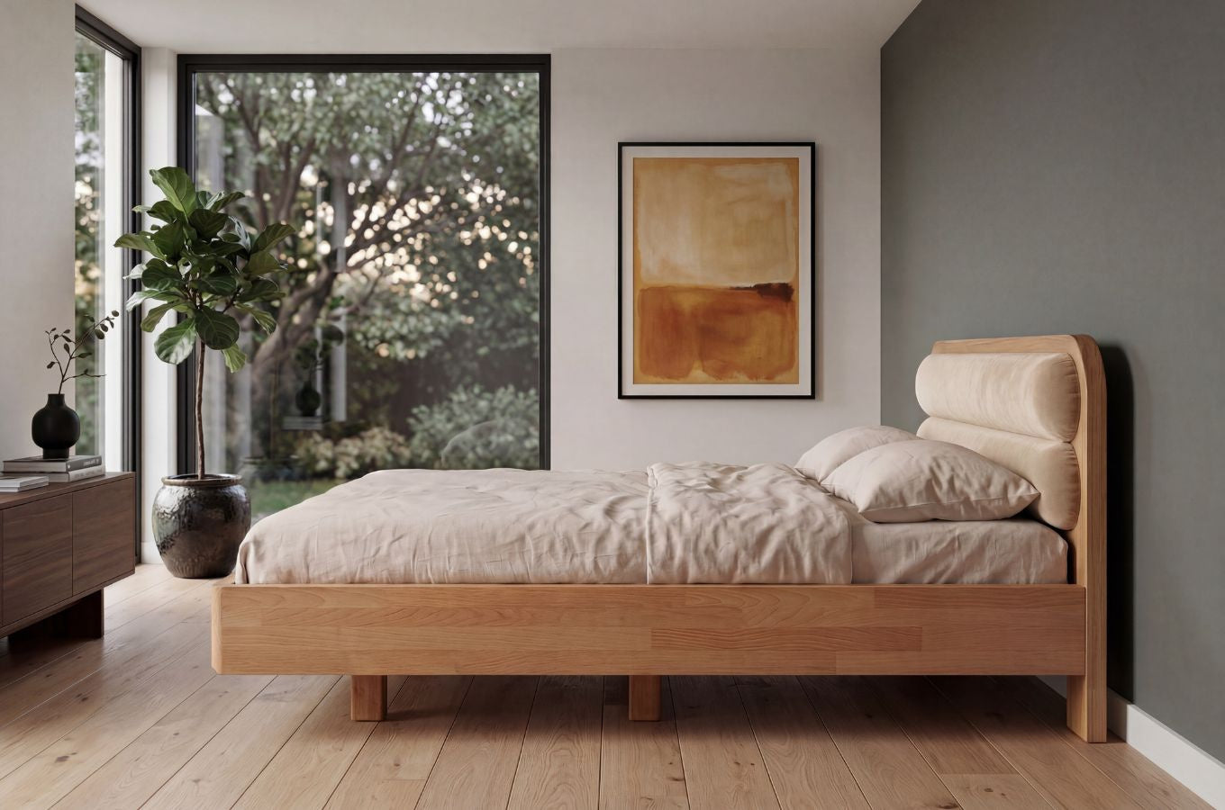 PONZA Beech Floating Bed with Bouclé Headboard