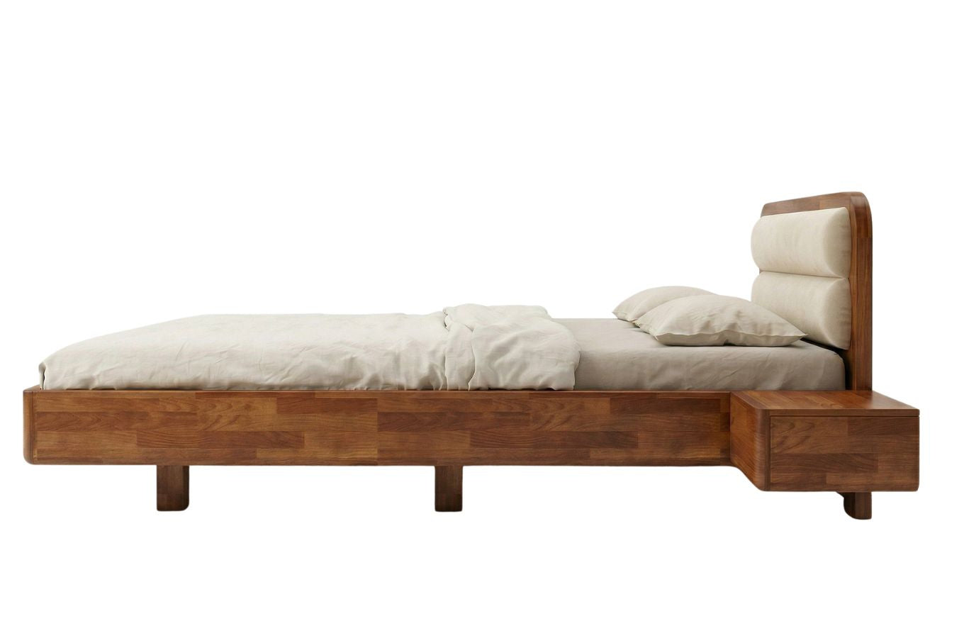 PONZA Beech Floating Bed with Bouclé Headboard