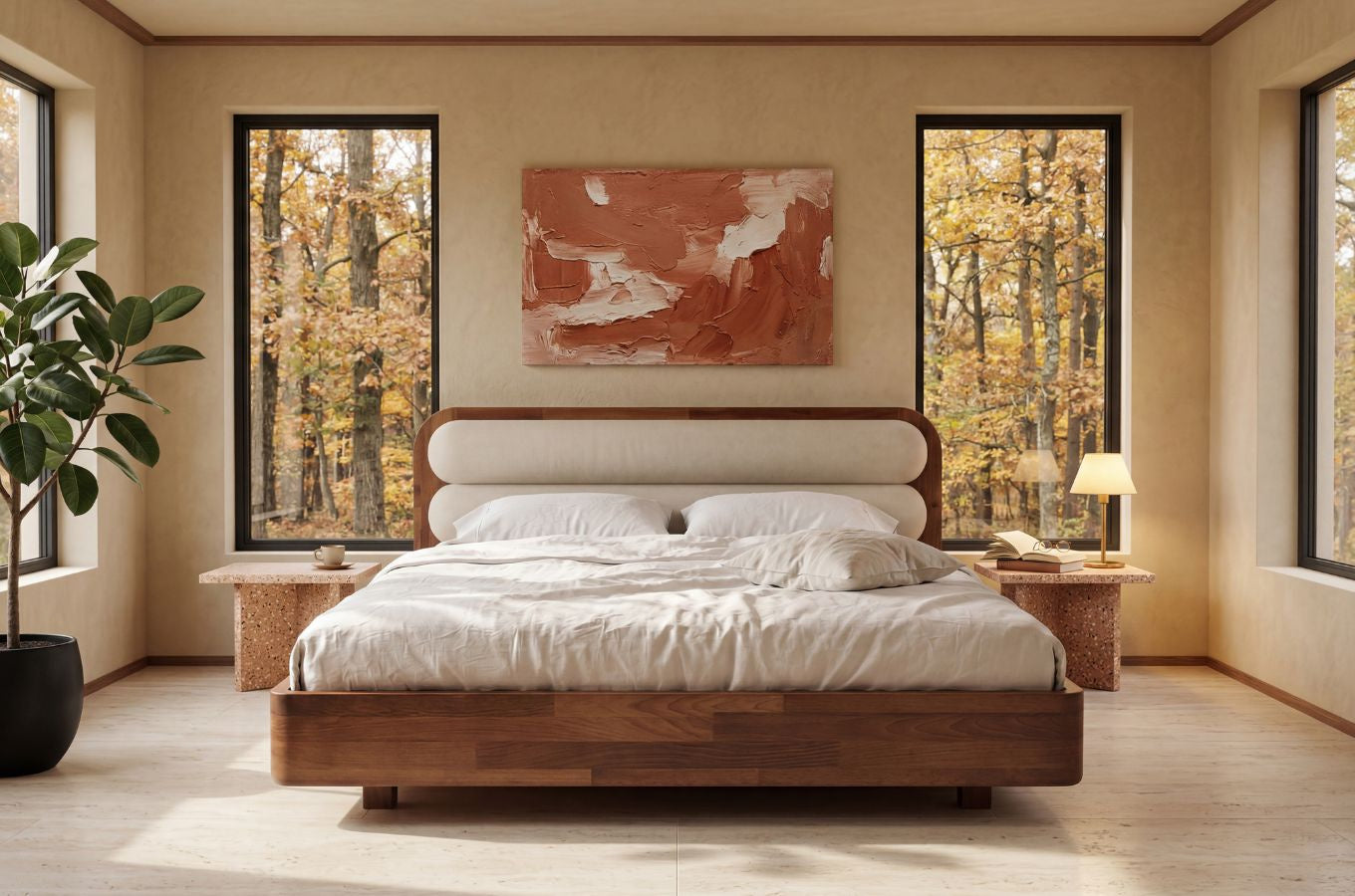 PONZA Beech Floating Bed with Bouclé Headboard