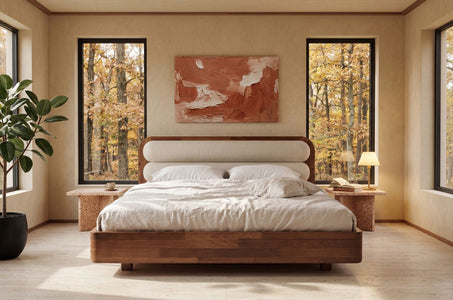 PONZA Beech Floating Bed with Bouclé Headboard
