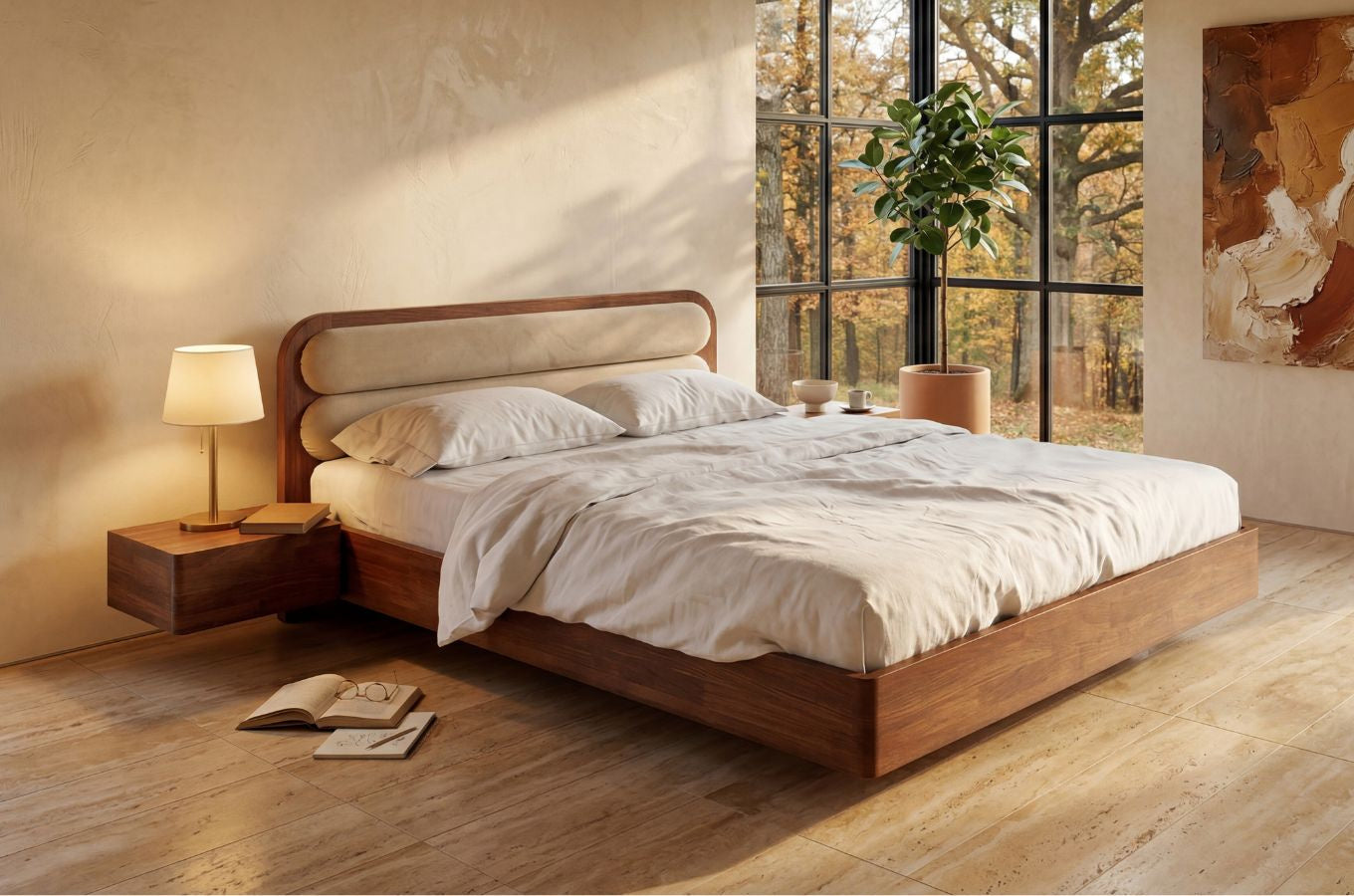 PONZA Beech Floating Bed with Bouclé Headboard