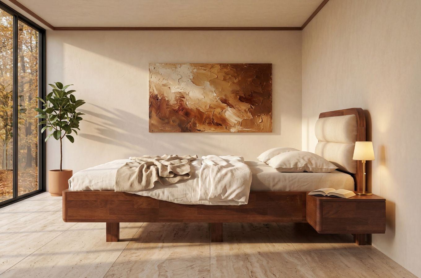 PONZA Beech Floating Bed with Bouclé Headboard