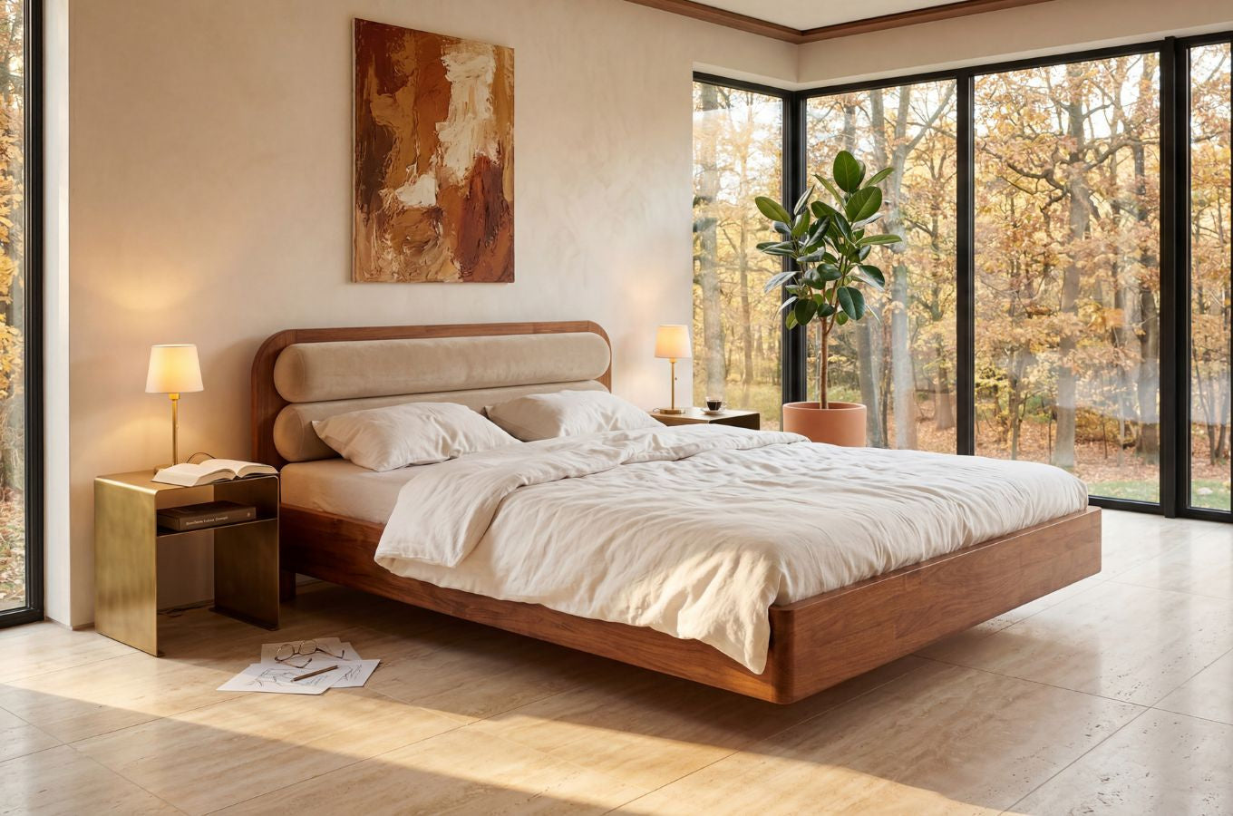 PONZA Beech Floating Bed with Bouclé Headboard