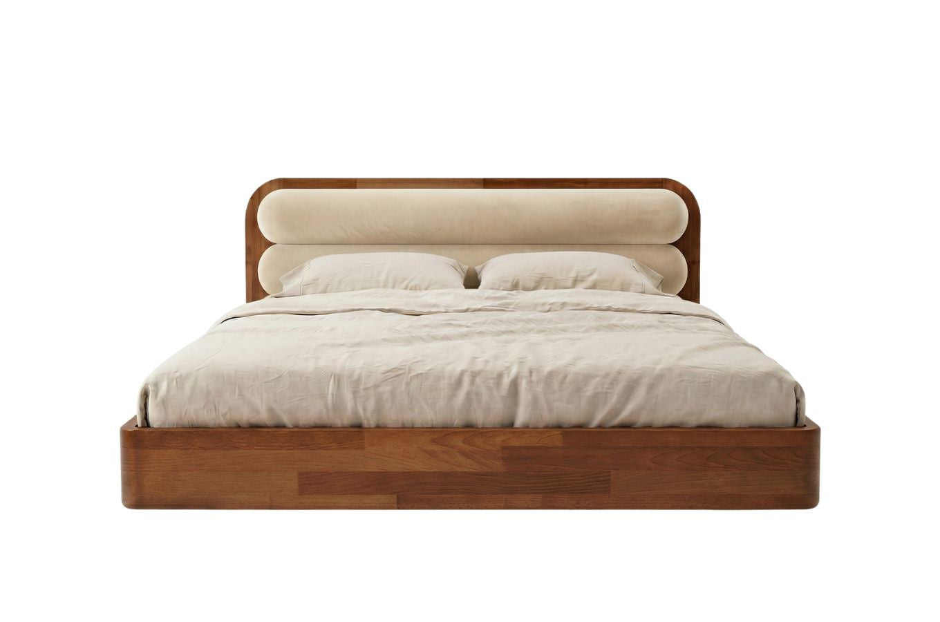 PONZA Beech Floating Bed with Bouclé Headboard