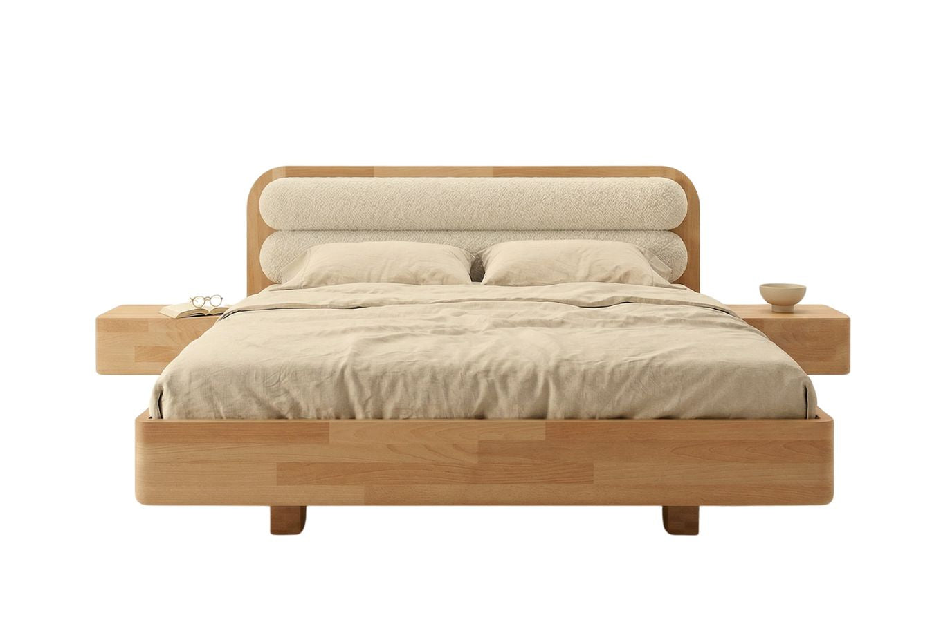 PONZA Beech Floating Bed with Bouclé Headboard