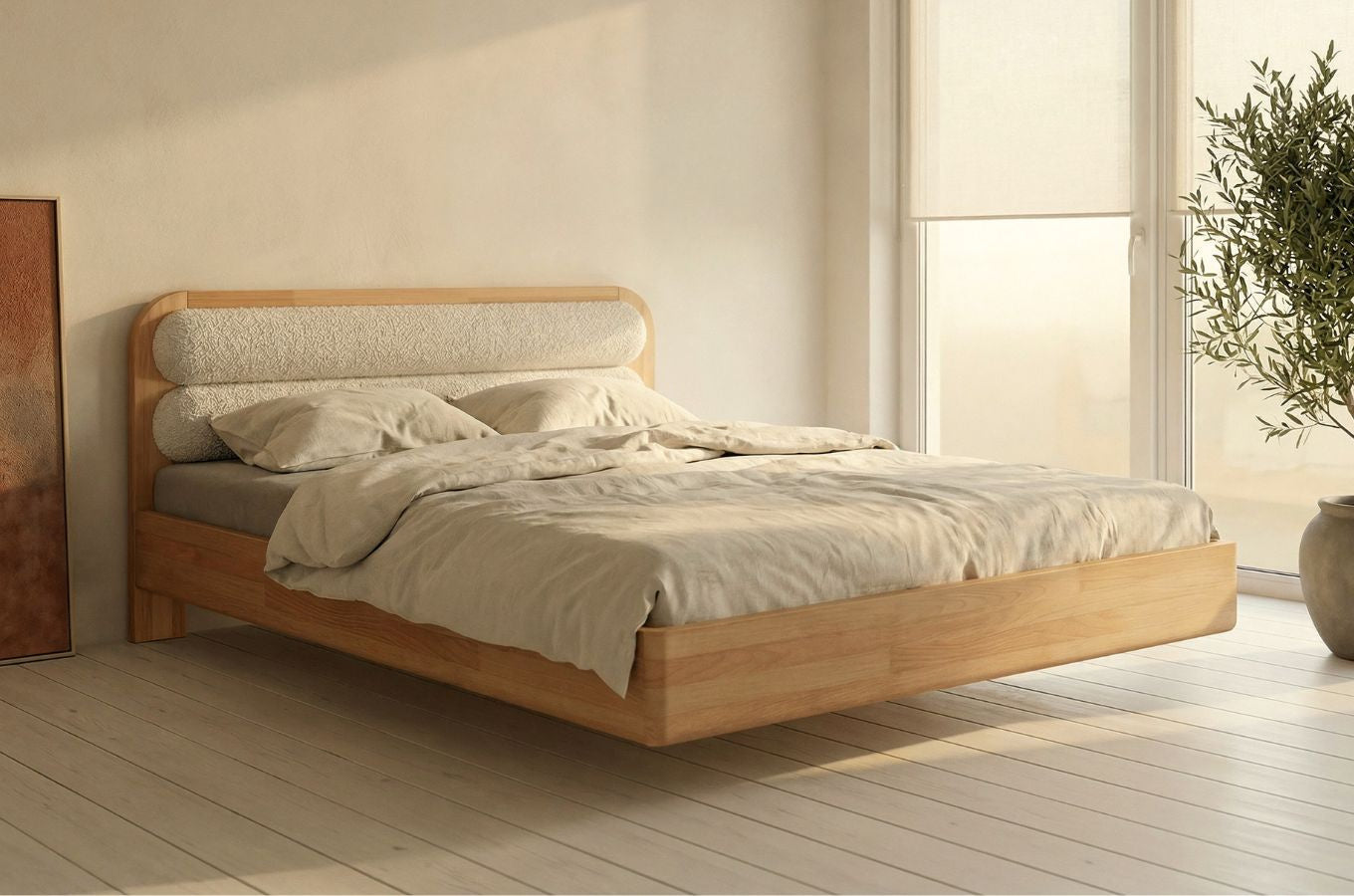 PONZA Beech Floating Bed with Bouclé Headboard