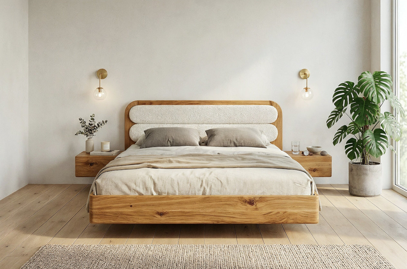 PONZA Oak Floating Bed with Bouclé Headboard