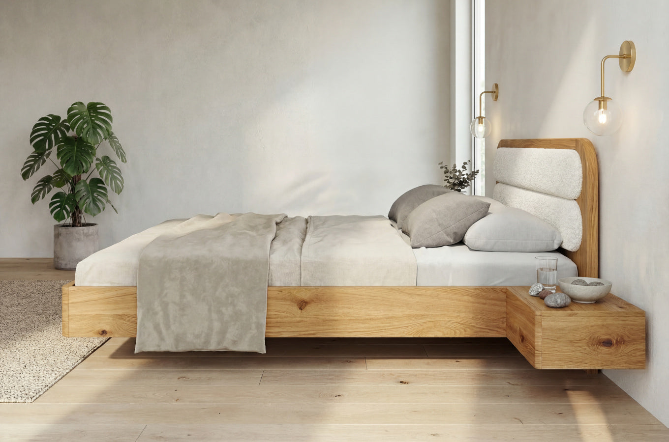 PONZA Oak Floating Bed with Bouclé Headboard