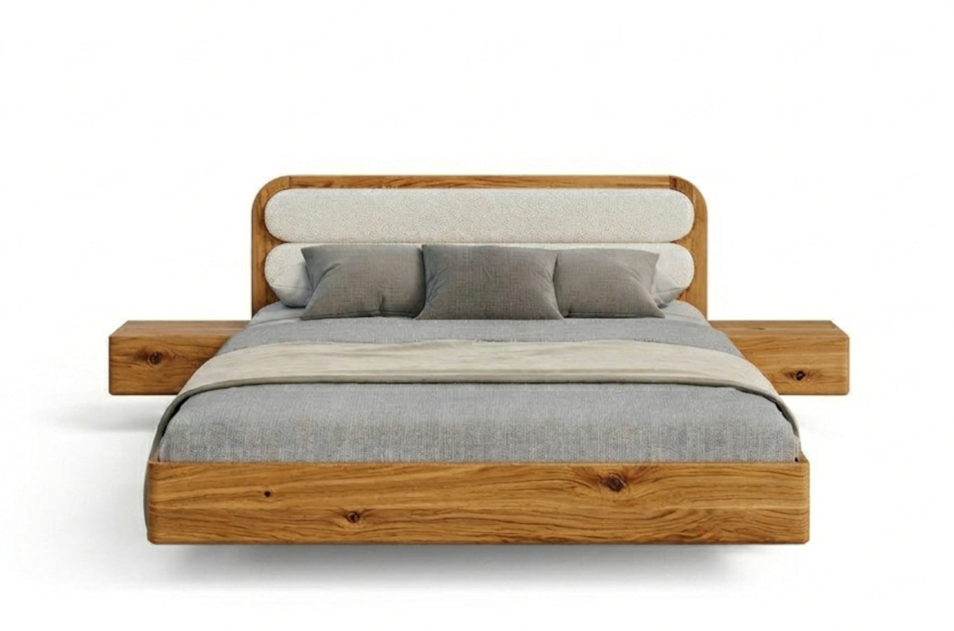 PONZA Oak Floating Bed with Bouclé Headboard