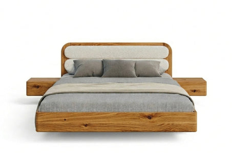 PONZA Oak Floating Bed with Bouclé Headboard