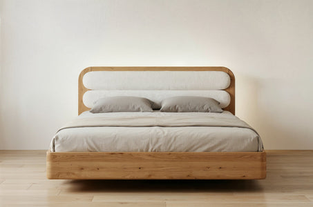 PONZA Oak Floating Bed with Bouclé Headboard
