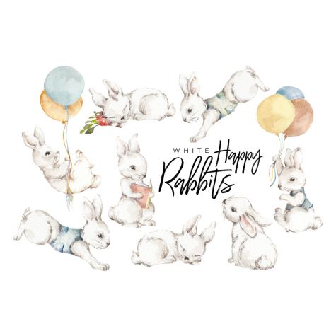 WHITE Happy Rabbits Wonderland Wall Sticker